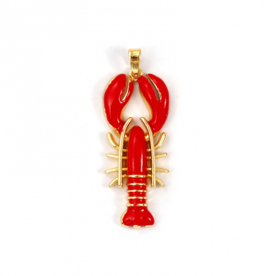 Imagen de 2 PCs Brass Ocean Jewelry Pendants 18K Gold Plated Red Enamel Lobster 3.9cm x 1.4cm