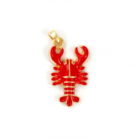 Picture of 2 PCs Brass Ocean Jewelry Charm Pendant 18K Gold Plated Red Enamel Lobster 28mm x 18mm