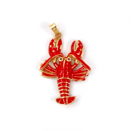 Picture of 2 PCs Brass Ocean Jewelry Pendants 18K Gold Plated Red Enamel Lobster 3.1cm x 1.6cm