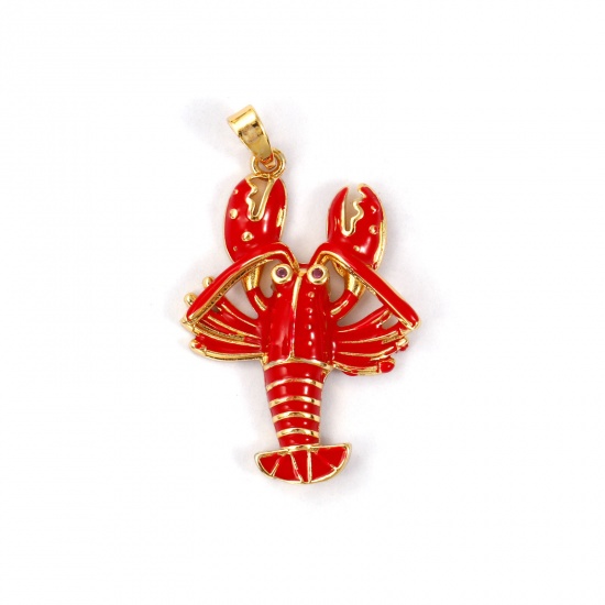 Imagen de 2 PCs Brass Ocean Jewelry Pendants 18K Gold Plated Red Enamel Lobster 3.1cm x 1.6cm
