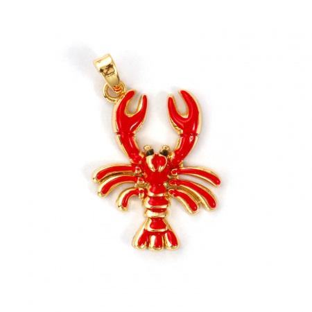 Picture of 2 PCs Brass Ocean Jewelry Pendants 18K Gold Plated Red Enamel Lobster 3.4cm x 2.1cm