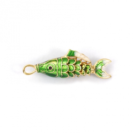 Immagine di 1 Pz Ottone Gioielli Oceanici Ciondoli Pendenti Placcato Oro 18K Verde Smalto Pesce 3D Mobile 3.8cm x 1.3cm