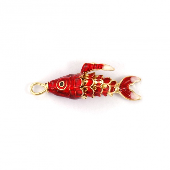 Immagine di 1 Pz Ottone Gioielli Oceanici Ciondoli Pendenti Placcato Oro 18K Rosso Smalto Pesce 3D Mobile 3.8cm x 1.3cm