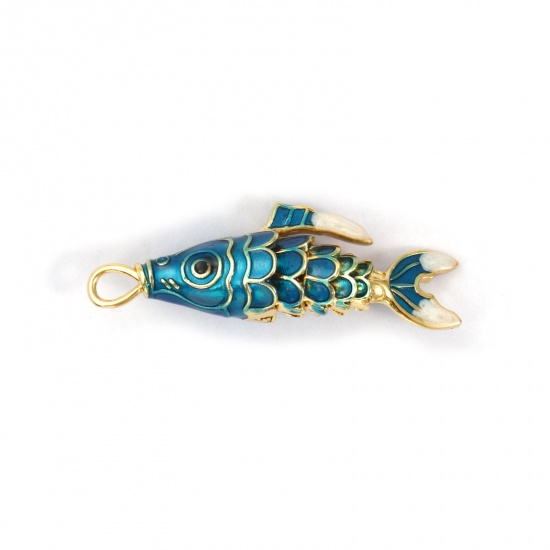 Immagine di 1 Pz Ottone Gioielli Oceanici Ciondoli Pendenti Placcato Oro 18K Blu Smalto Pesce 3D Mobile 3.8cm x 1.3cm