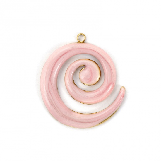 Immagine di 2 PCs Vacuum Plating 304 Stainless Steel Pendants 18K Gold Plated Light Pink Enamel Spiral Pearlized 3cm x 2.7cm
