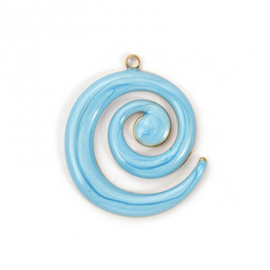 Immagine di 2 PCs Vacuum Plating 304 Stainless Steel Pendants 18K Gold Plated Blue Enamel Spiral Pearlized 3cm x 2.7cm