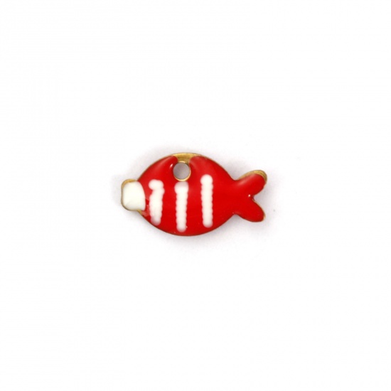 Picture of 5 PCs Vacuum Plating 304 Stainless Steel Enamelled Sequins Charms 18K Gold Plated Red Fish Animal Double-sided Enamel 10mm x 6mm