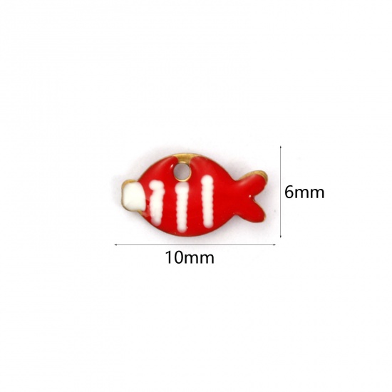 Picture of 5 PCs Vacuum Plating 304 Stainless Steel Enamelled Sequins Charms 18K Gold Plated Red Fish Animal Double-sided Enamel 10mm x 6mm