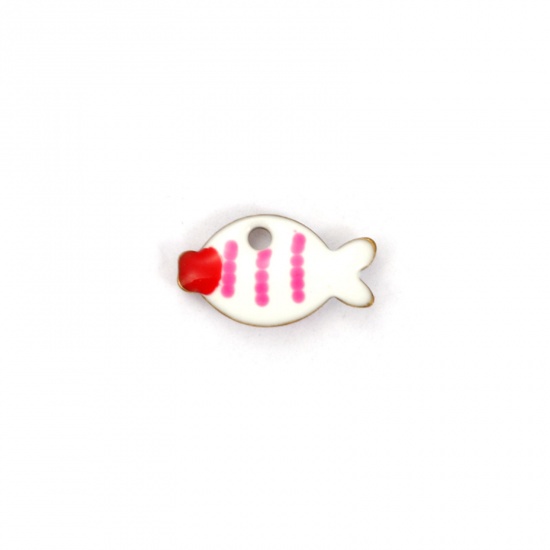 Picture of 5 PCs Vacuum Plating 304 Stainless Steel Enamelled Sequins Charms 18K Gold Plated White Fish Animal Double-sided Enamel 10mm x 6mm