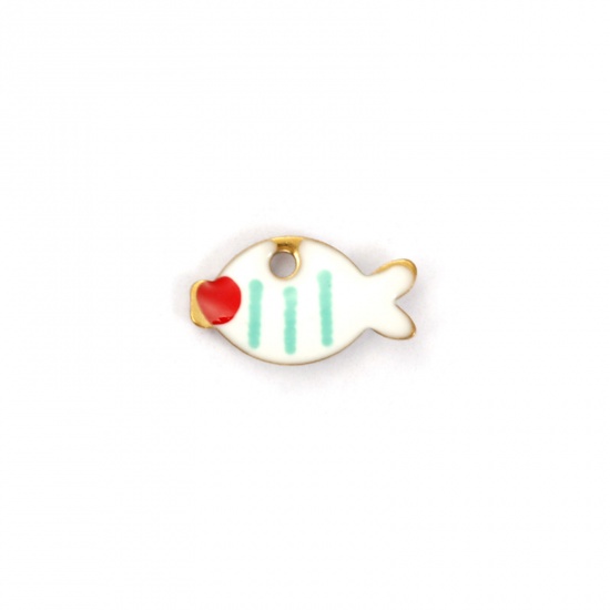 Picture of 5 PCs Vacuum Plating 304 Stainless Steel Enamelled Sequins Charms 18K Gold Plated White Fish Animal Double-sided Enamel 10mm x 6mm