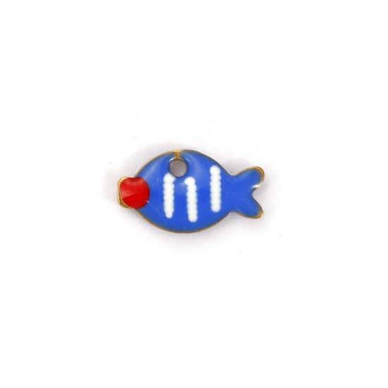 Picture of 5 PCs Vacuum Plating 304 Stainless Steel Enamelled Sequins Charms 18K Gold Plated Royal Blue Fish Animal Double-sided Enamel 10mm x 6mm