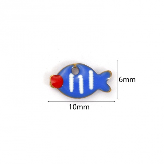 Picture of 5 PCs Vacuum Plating 304 Stainless Steel Enamelled Sequins Charms 18K Gold Plated Royal Blue Fish Animal Double-sided Enamel 10mm x 6mm