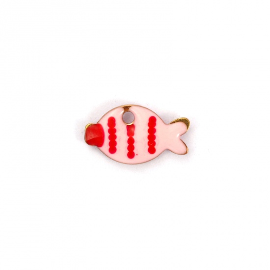 Picture of 5 PCs Vacuum Plating 304 Stainless Steel Enamelled Sequins Charms 18K Gold Plated Light Pink Fish Animal Double-sided Enamel 10mm x 6mm