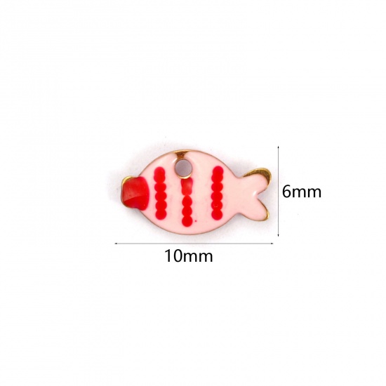 Picture of 5 PCs Vacuum Plating 304 Stainless Steel Enamelled Sequins Charms 18K Gold Plated Light Pink Fish Animal Double-sided Enamel 10mm x 6mm