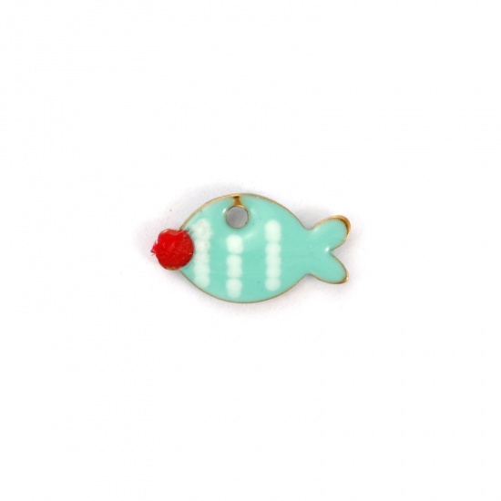 Picture of 5 PCs Vacuum Plating 304 Stainless Steel Enamelled Sequins Charms 18K Gold Plated Mint Green Fish Animal Double-sided Enamel 10mm x 6mm