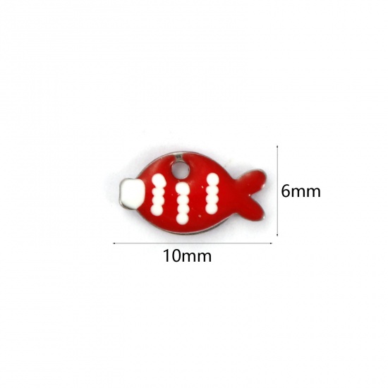 Picture of 5 PCs Eco-friendly 304 Stainless Steel Enamelled Sequins Charms Silver Tone Red Fish Animal Double-sided Enamel 10mm x 6mm