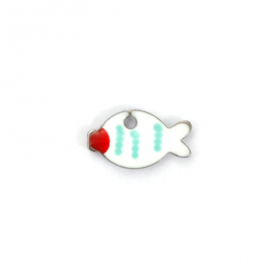 Picture of 5 PCs Eco-friendly 304 Stainless Steel Enamelled Sequins Charms Silver Tone White Fish Animal Double-sided Enamel 10mm x 6mm