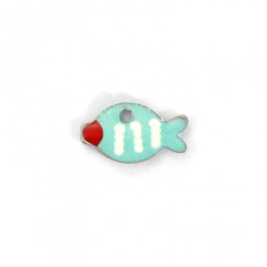 Picture of 5 PCs Eco-friendly 304 Stainless Steel Enamelled Sequins Charms Silver Tone Mint Green Fish Animal Double-sided Enamel 10mm x 6mm