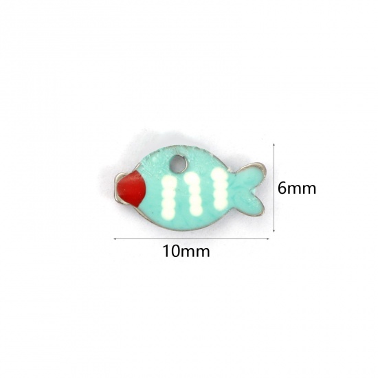 Picture of 5 PCs Eco-friendly 304 Stainless Steel Enamelled Sequins Charms Silver Tone Mint Green Fish Animal Double-sided Enamel 10mm x 6mm
