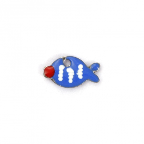 Picture of 5 PCs Eco-friendly 304 Stainless Steel Enamelled Sequins Charms Silver Tone Royal Blue Fish Animal Double-sided Enamel 10mm x 6mm
