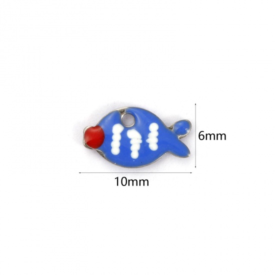 Picture of 5 PCs Eco-friendly 304 Stainless Steel Enamelled Sequins Charms Silver Tone Royal Blue Fish Animal Double-sided Enamel 10mm x 6mm