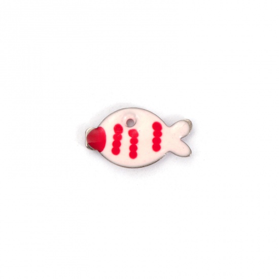 Picture of 5 PCs Eco-friendly 304 Stainless Steel Enamelled Sequins Charms Silver Tone Light Pink Fish Animal Double-sided Enamel 10mm x 6mm