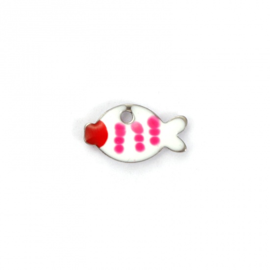 Picture of 5 PCs Eco-friendly 304 Stainless Steel Enamelled Sequins Charms Silver Tone White Fish Animal Double-sided Enamel 10mm x 6mm