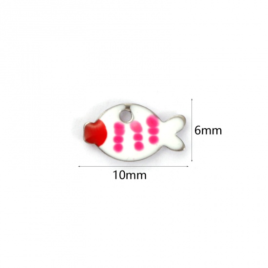 Picture of 5 PCs Eco-friendly 304 Stainless Steel Enamelled Sequins Charms Silver Tone White Fish Animal Double-sided Enamel 10mm x 6mm