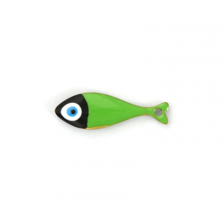 Picture of 2 PCs Eco-friendly PVD Vacuum Plating 304 Stainless Steel Enamelled Sequins Charms 18K Gold Plated Green Fish Animal Double-sided Enamel 20mm x 6.5mm