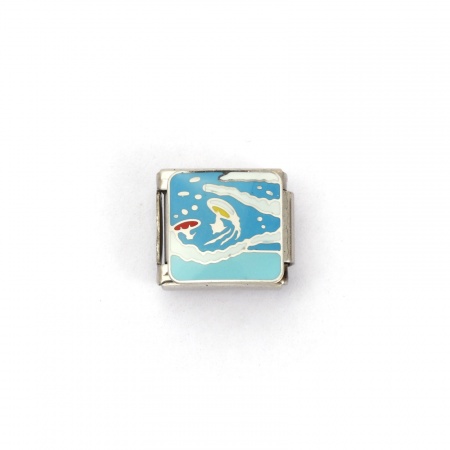 Picture of 2 PCs 304 Stainless Steel Ocean Jewelry Italian Charm Links For DIY Bracelet Jewelry Making Silver Tone Light Blue Rectangle Whale Animal 10mm x 9mm