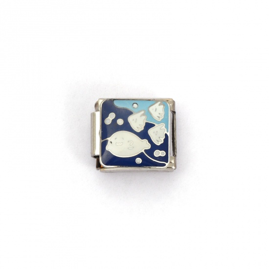 Immagine di 2 Pz 304 Acciaio Inossidabile Gioielli Oceanici Bracciale con Charm Italiano a Maglie, Creazione di Gioielli Fai-da-te Tono Argento Blu Scuro Rettangolo Pesce 10mm x 9mm