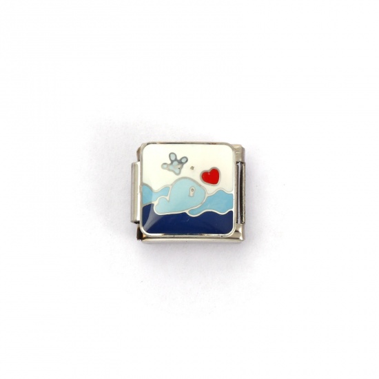 Immagine di 2 Pz 304 Acciaio Inossidabile Gioielli Oceanici Bracciale con Charm Italiano a Maglie, Creazione di Gioielli Fai-da-te Tono Argento Multicolore Rettangolo Balena 10mm x 9mm