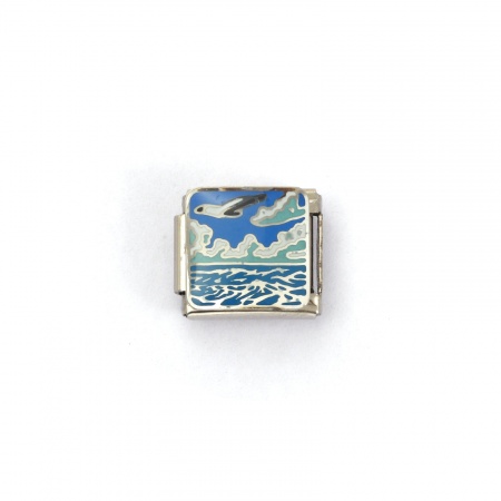 Picture of 2 PCs 304 Stainless Steel Ocean Jewelry Italian Charm Links For DIY Bracelet Jewelry Making Silver Tone Blue Rectangle Sea 10mm x 9mm