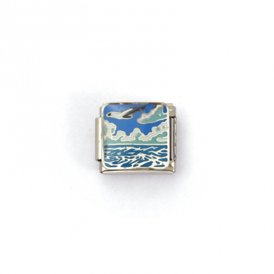 Immagine di 2 Pz 304 Acciaio Inossidabile Gioielli Oceanici Bracciale con Charm Italiano a Maglie, Creazione di Gioielli Fai-da-te Tono Argento Blu Rettangolo Mare 10mm x 9mm