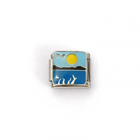 Picture of 2 PCs 304 Stainless Steel Ocean Jewelry Italian Charm Links For DIY Bracelet Jewelry Making Silver Tone Blue Rectangle Sea 10mm x 9mm