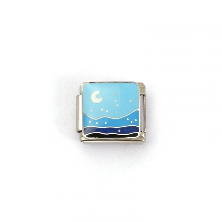 Picture of 2 PCs 304 Stainless Steel Ocean Jewelry Italian Charm Links For DIY Bracelet Jewelry Making Silver Tone Blue Rectangle Sea 10mm x 9mm