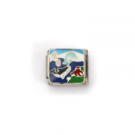 Picture of 2 PCs 304 Stainless Steel Ocean Jewelry Italian Charm Links For DIY Bracelet Jewelry Making Silver Tone Multicolor Rectangle Dolphin 10mm x 9mm