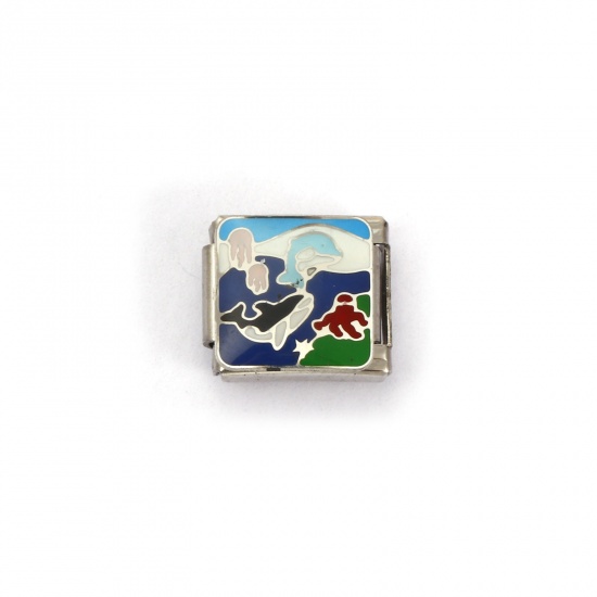 Изображение 2 ШТ 304 Нержавеющая Сталь Морские Украшения Очаровательный итальянский браслет со звеньями Изготовление ювелирных изделий своими руками Серебряный Тон Разноцветный Прямоугольник Дельфин 10мм x 9мм