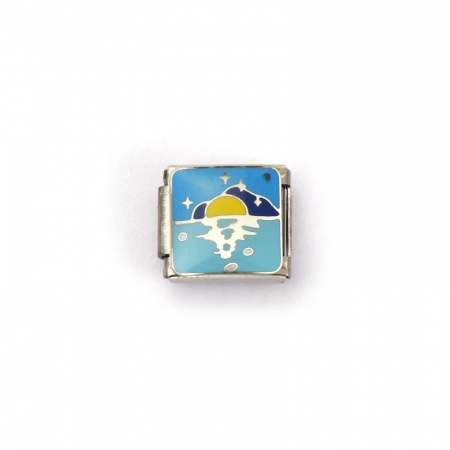 Picture of 2 PCs 304 Stainless Steel Ocean Jewelry Italian Charm Links For DIY Bracelet Jewelry Making Silver Tone Blue Rectangle Sea 10mm x 9mm