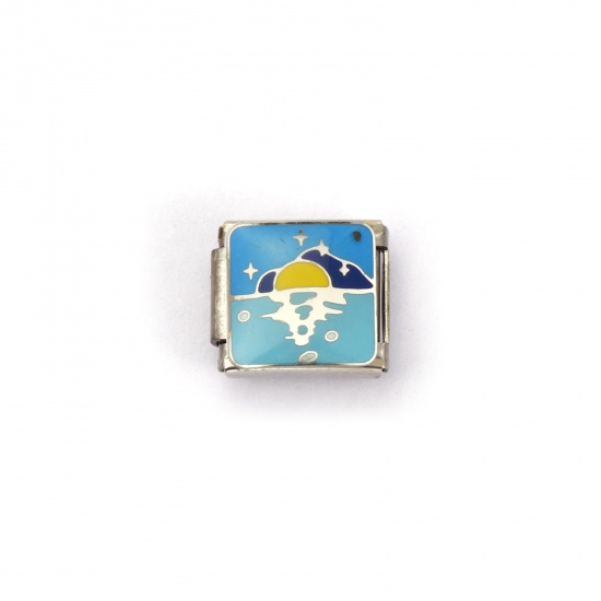 Изображение 2 ШТ 304 Нержавеющая Сталь Морские Украшения Очаровательный итальянский браслет со звеньями Изготовление ювелирных изделий своими руками Серебряный Тон Синий Прямоугольник Море 10мм x 9мм