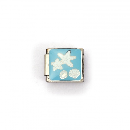 Picture of 2 PCs 304 Stainless Steel Ocean Jewelry Italian Charm Links For DIY Bracelet Jewelry Making Silver Tone Blue Rectangle Starfish 10mm x 9mm