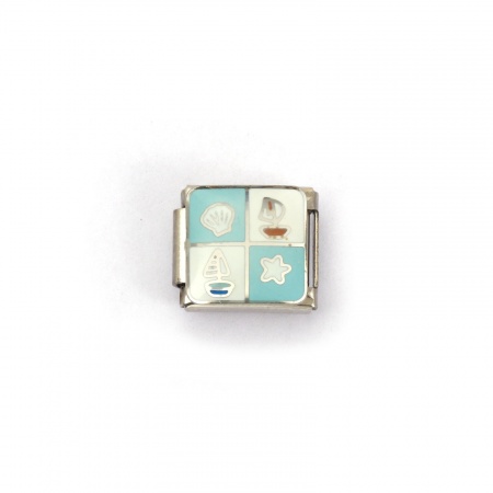 Picture of 2 PCs 304 Stainless Steel Ocean Jewelry Italian Charm Links For DIY Bracelet Jewelry Making Silver Tone Multicolor Rectangle Sailing Boat 10mm x 9mm