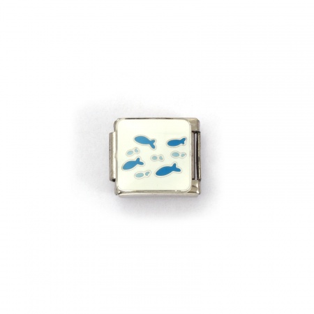 Picture of 2 PCs 304 Stainless Steel Ocean Jewelry Italian Charm Links For DIY Bracelet Jewelry Making Silver Tone White Rectangle Fish 10mm x 9mm