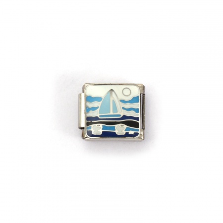 Picture of 2 PCs 304 Stainless Steel Ocean Jewelry Italian Charm Links For DIY Bracelet Jewelry Making Silver Tone Blue Rectangle Sailing Boat 10mm x 9mm