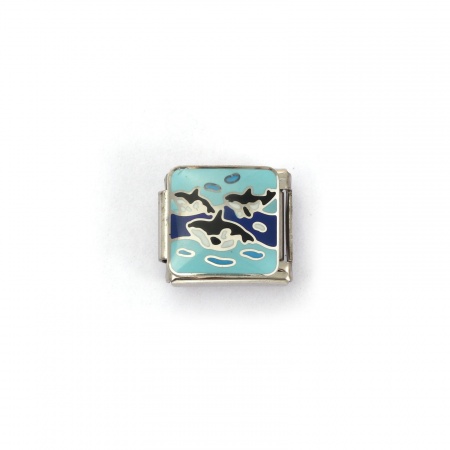 Picture of 2 PCs 304 Stainless Steel Ocean Jewelry Italian Charm Links For DIY Bracelet Jewelry Making Silver Tone Multicolor Rectangle Shark 10mm x 9mm