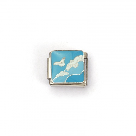 Picture of 2 PCs 304 Stainless Steel Ocean Jewelry Italian Charm Links For DIY Bracelet Jewelry Making Silver Tone Skyblue Rectangle Sea 10mm x 9mm