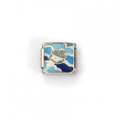 Picture of 2 PCs 304 Stainless Steel Ocean Jewelry Italian Charm Links For DIY Bracelet Jewelry Making Silver Tone Blue Rectangle Sea 10mm x 9mm