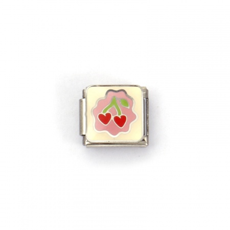 Picture of 2 PCs 304 Stainless Steel Valentine's Day Italian Charm Links For DIY Bracelet Jewelry Making Silver Tone Multicolor Rectangle Cherry Fruit 10mm x 9mm