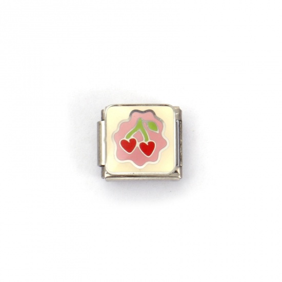 Image de 2 Pcs Bracelet à Maillons Breloques Italiens Accessories de Fabrication de Bracelets Bijoux DIY La Saint Valentin en 304 Acier Inoxydable Argent Mat Multicolore Rectangle Cerises 10mm x 9mm