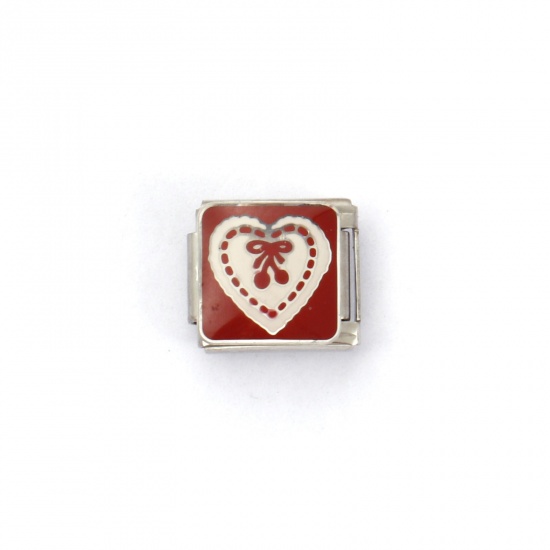 Image de 2 Pcs Bracelet à Maillons Breloques Italiens Accessories de Fabrication de Bracelets Bijoux DIY La Saint Valentin en 304 Acier Inoxydable Argent Mat Rouge Rectangle Cœur 10mm x 9mm